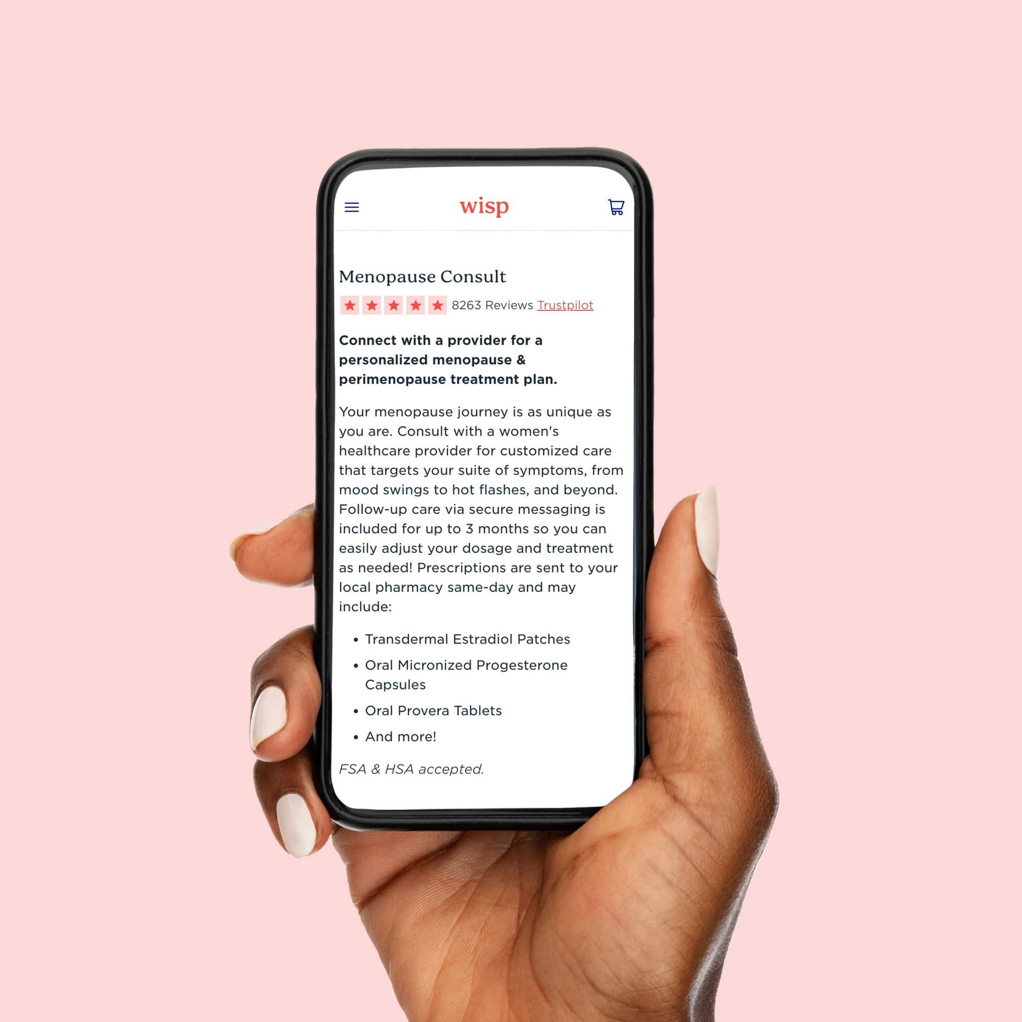 A woman's hand holding a mobile phone showing information about Wisp's menopause treatment options in front of a pink background