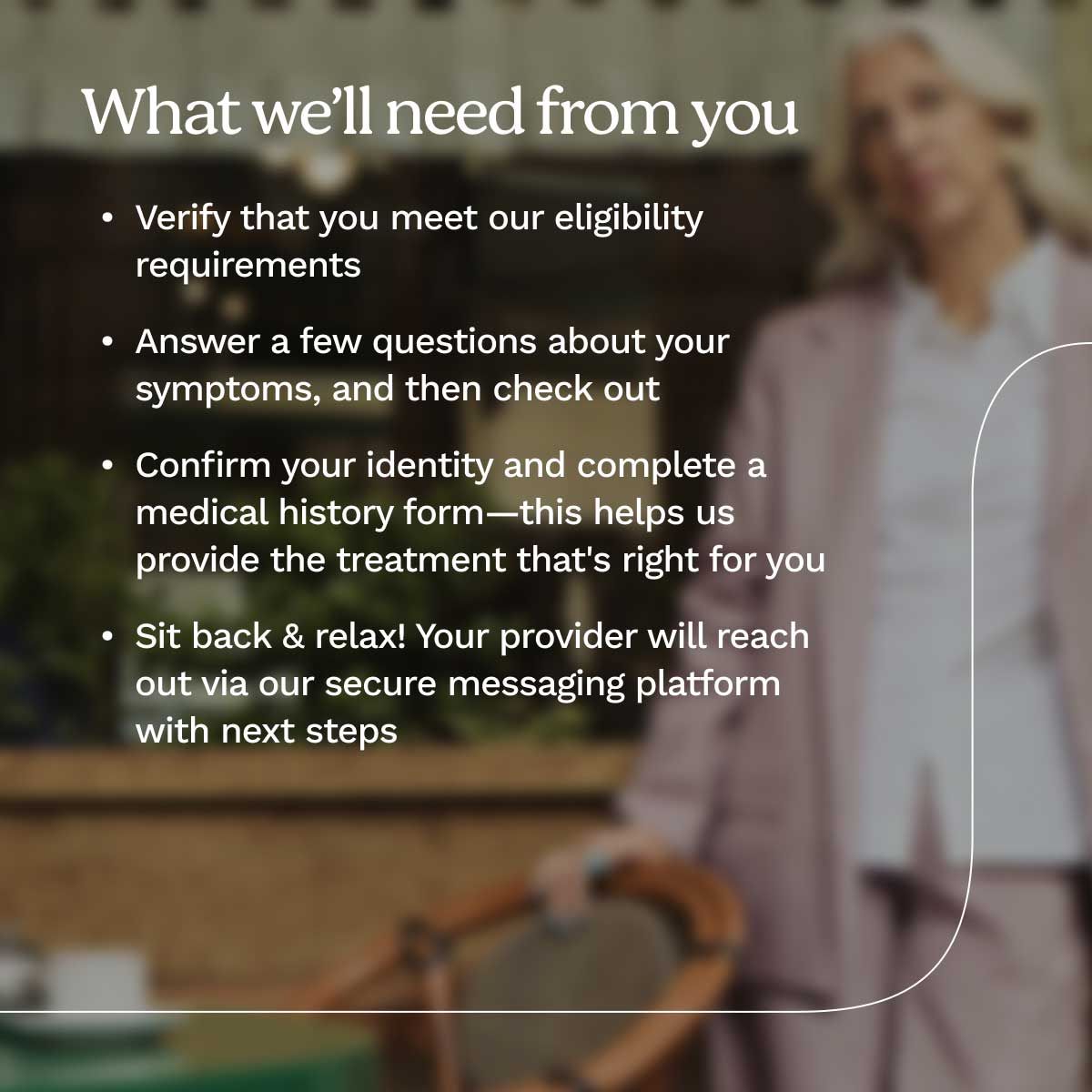 A graphic explaining the requirements and steps for Wisp's menopause services