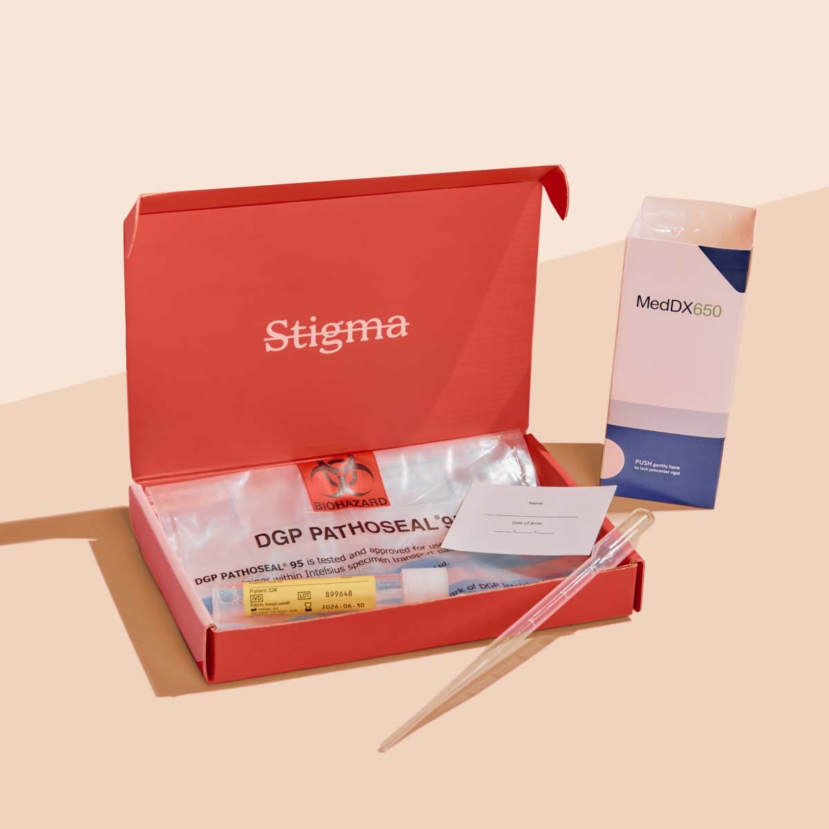 A Wisp diagnostics box with sample collection supplies on a cream surface