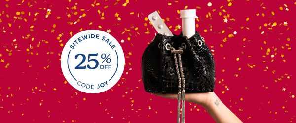 A woman's hand holding a black glittery bag with medications popping out of the top and a red and gold confetti background