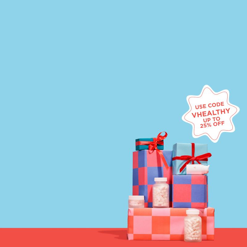 Wisp products and wrapped gifts on a blue and red background