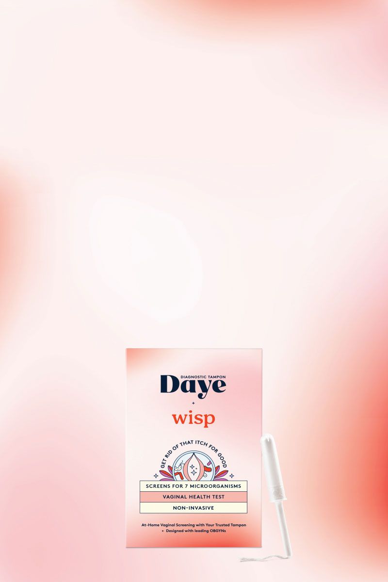 Daye Vaginal Microbiome Screen box and tampon on a red and pink gradient background