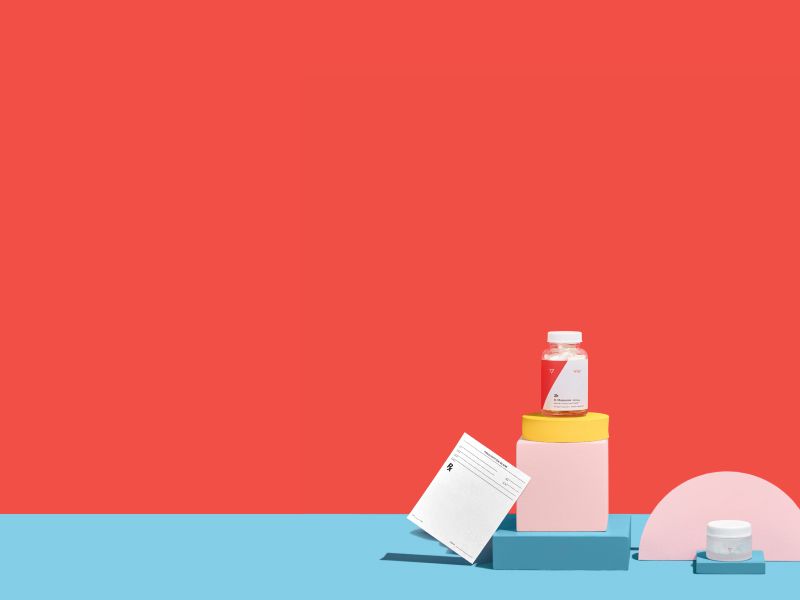 D-Mannose and UTI meds with an RX script and colorful abstract shapes on a red and light blue background