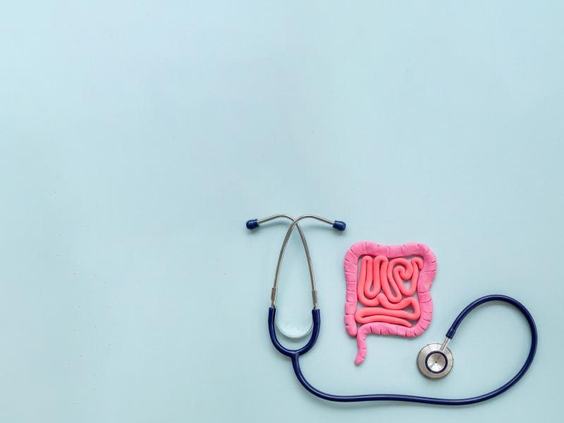 A pink intestine sculpture with a stethoscope on a light blue surface