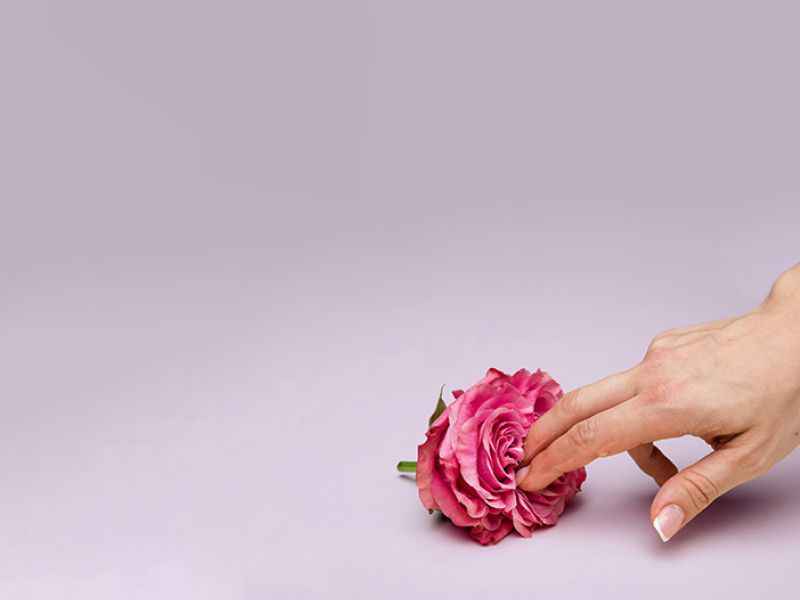 a woman's hand touching a flower suggestively on a lilac background