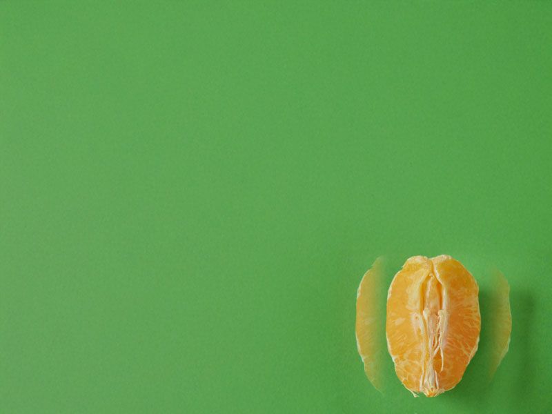 A few pieces of peeled orange slices on a green surface