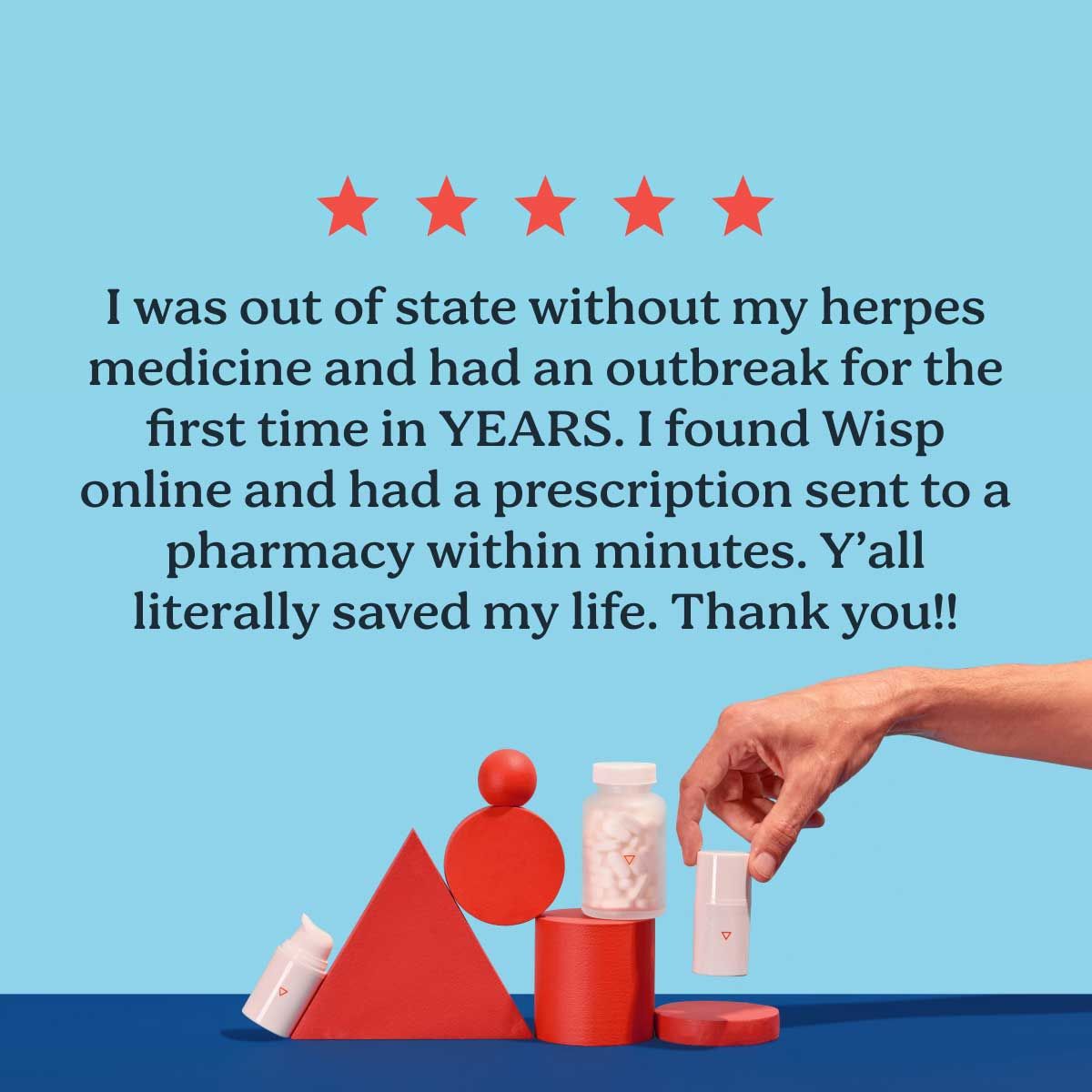 5 star customer review for herpes treatment with colorful product imagery in the background