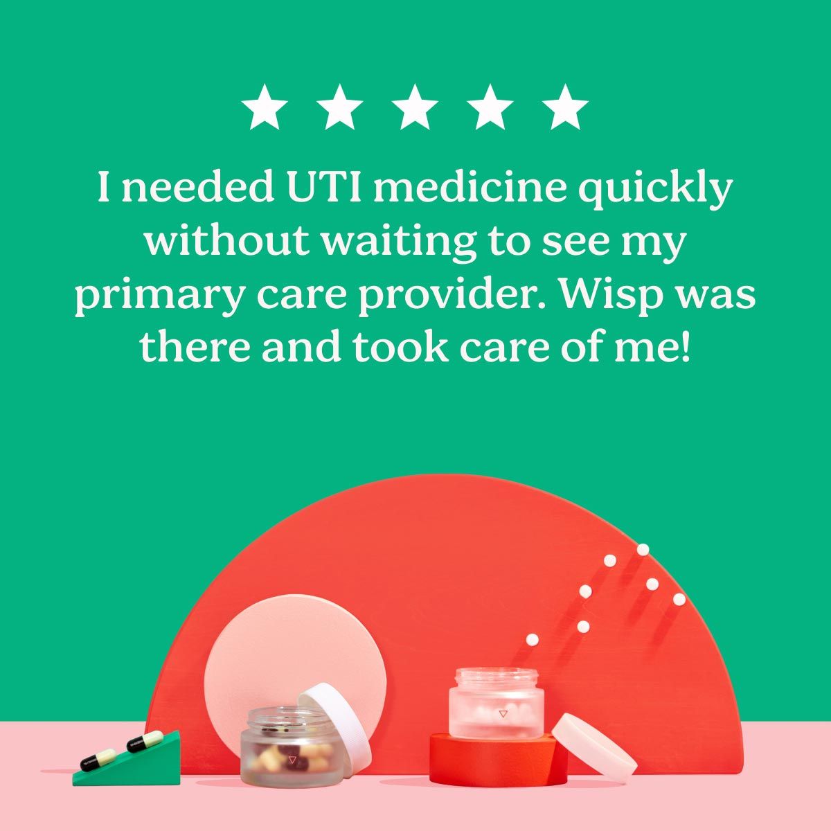 5 star customer review for UTI treatment with colorful product photography in the background