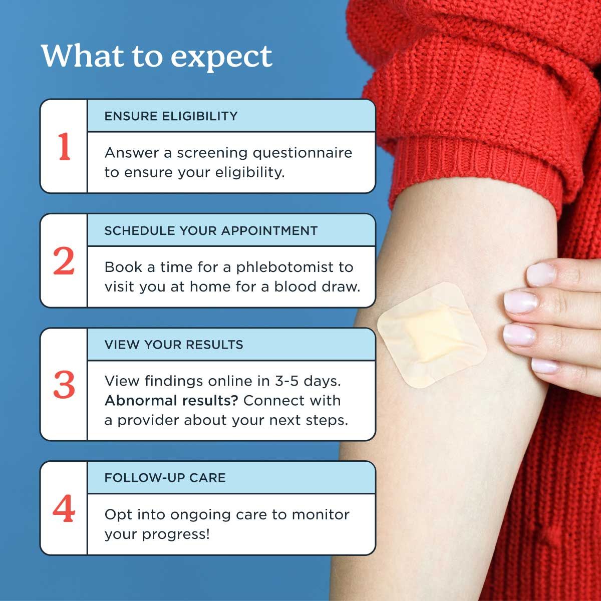 A person wearing a red sweater has the sleeve pulled up with a bandage on their arm following a blood draw