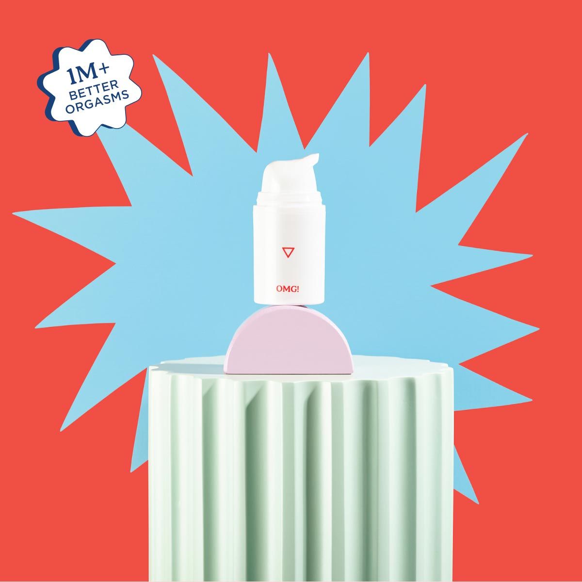 Bottle of Wisp OMG! Cream sits on a pedestal in front of a blue explosion on a red backgroun