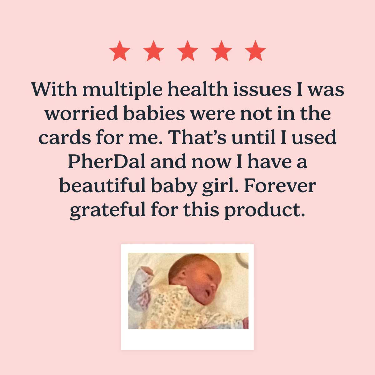 A 5-star customer review for PherDal's at-home insemination kit, offered by Wisp