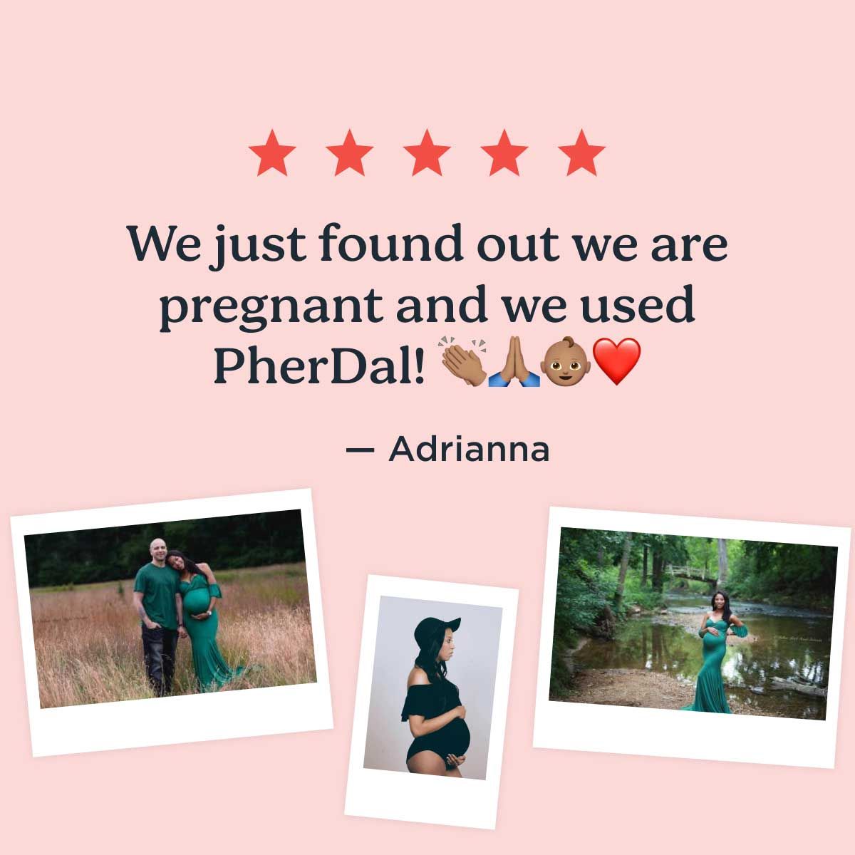 A 5-star customer review for PherDal's at-home insemination kit, offered by Wisp