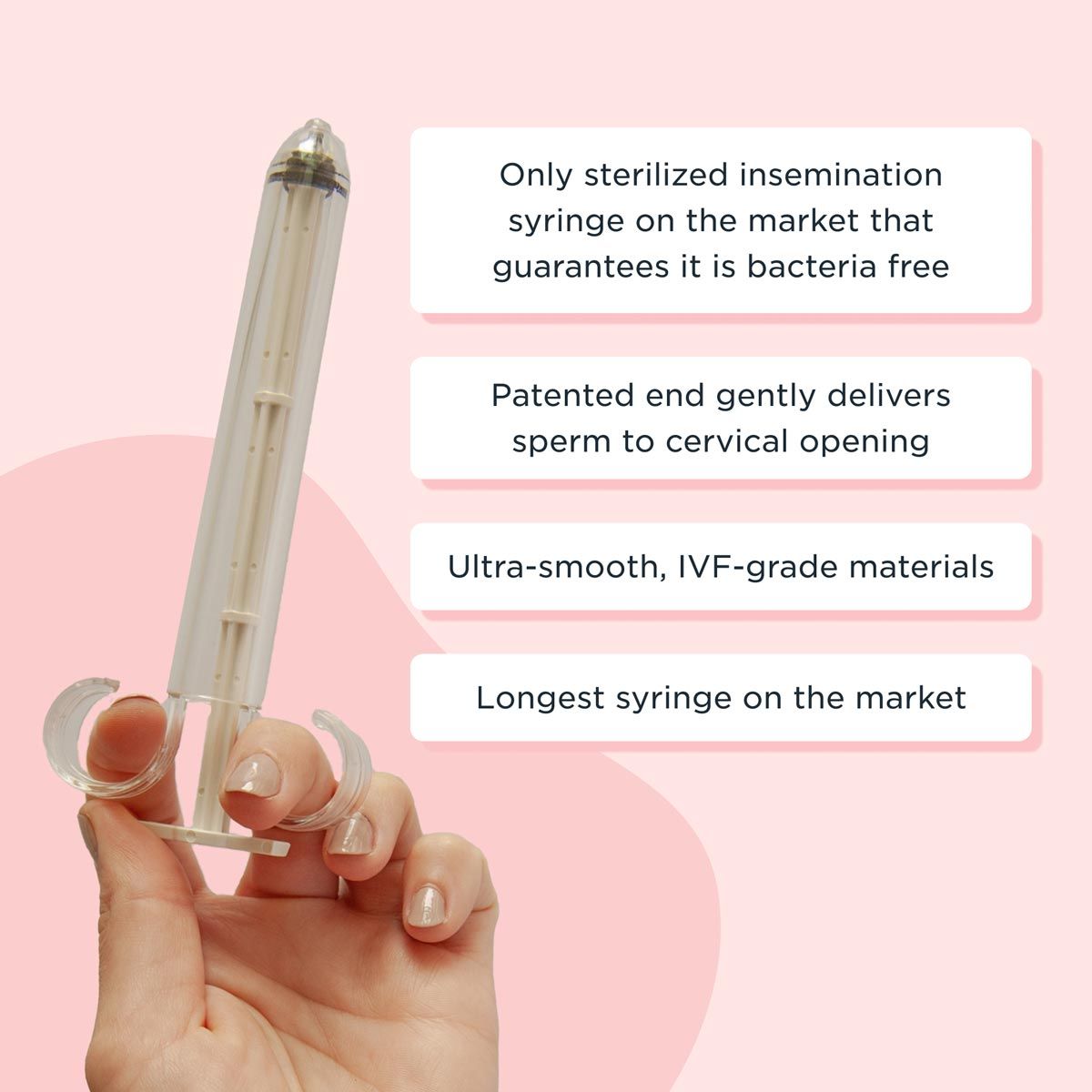A woman's hand holding the PherDal syringe with 4 callouts highlighting it's use and effectiveness on a pink background