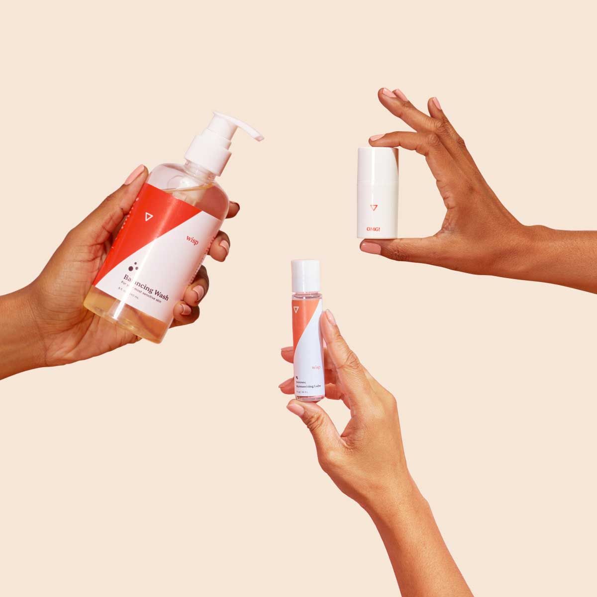 Various Wisp products in people's hands with a cream background