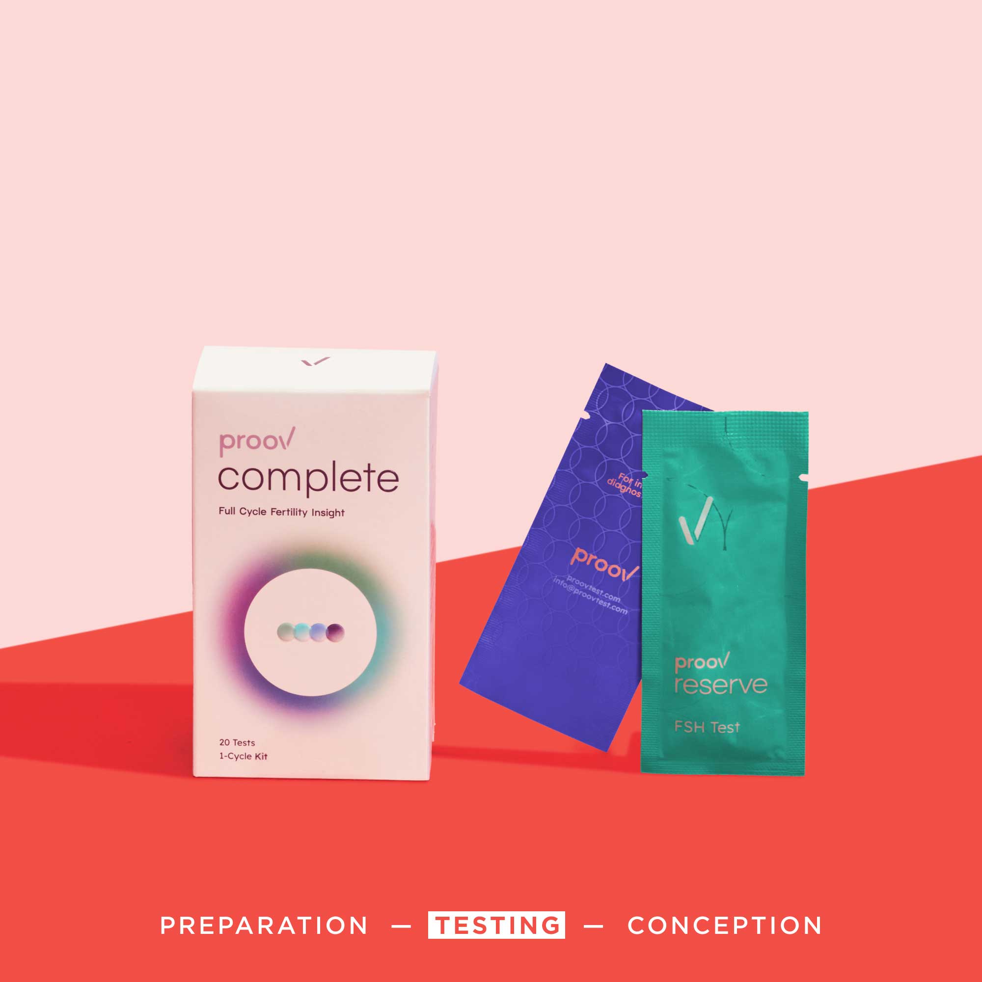 Proov Complete Testing Kit on a red surface with a pink background
