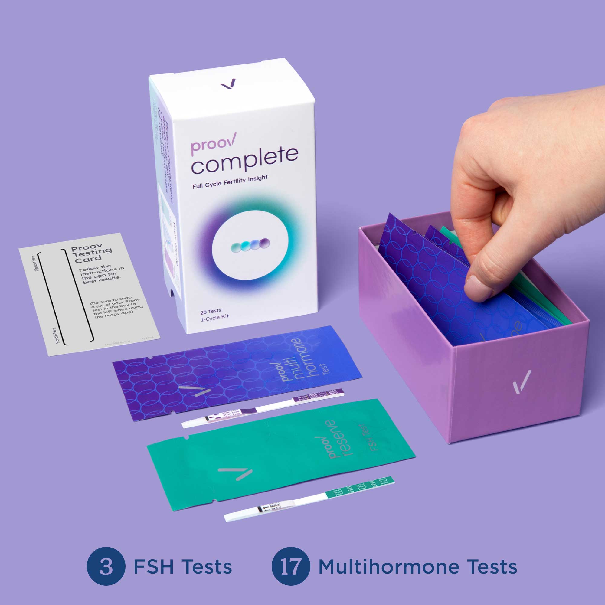 Proov Complete Testing Kit with 3 FSH Tests and 17 Multihormone tests on a purple surface