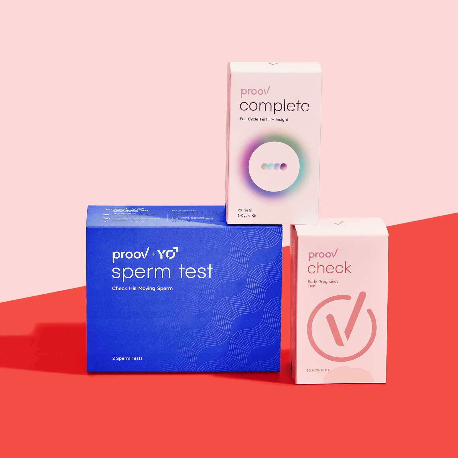 Proov Hers & His Testing Kit on a red surface with a pink background