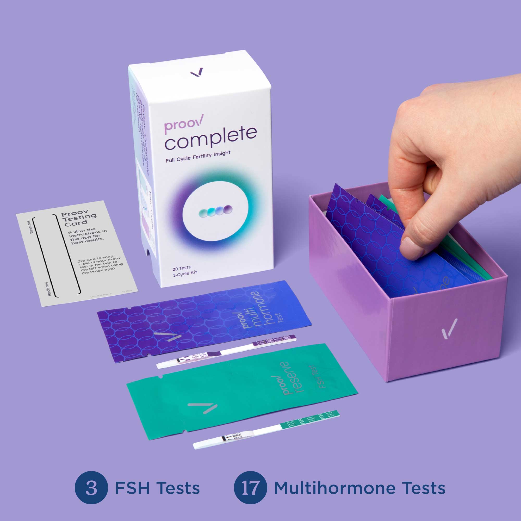 Proov Complete Testing Kit with 3 FSH tests and 17 Multihormone tests on a purple surface