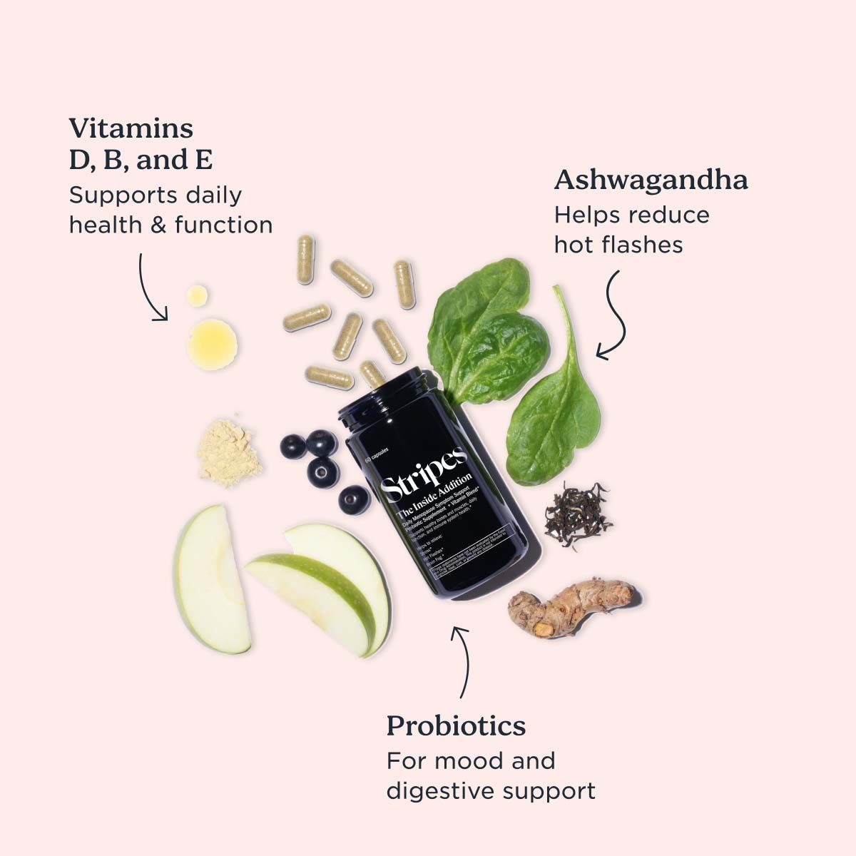 The Inside Addition with ingredients surrounding the bottle on a light pink surface