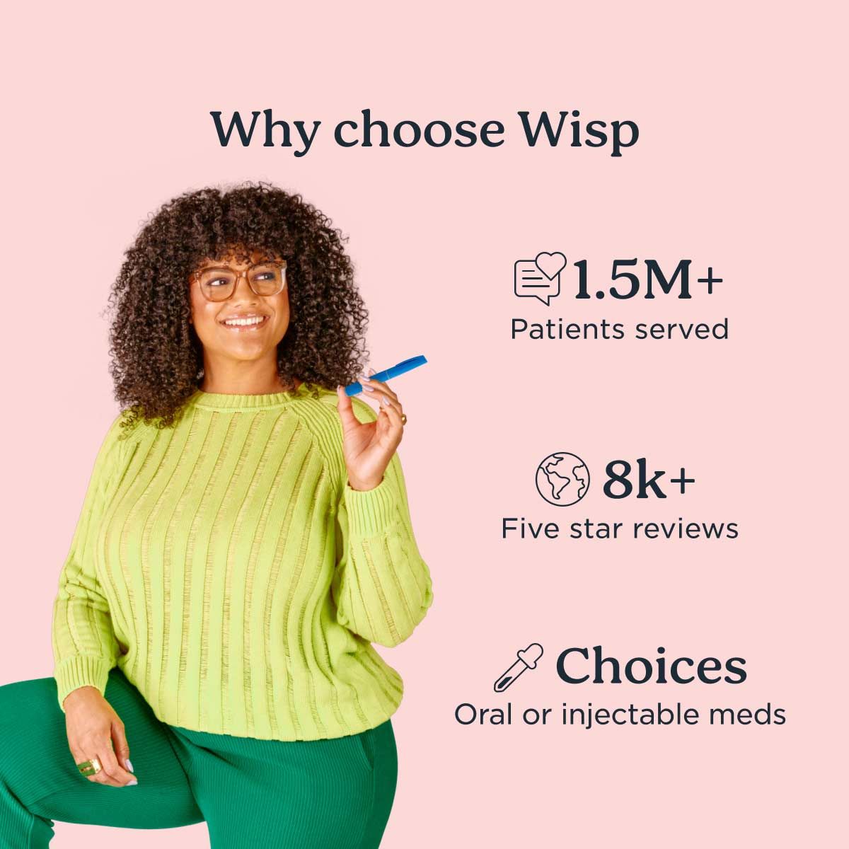Reasons to choose Wisp include more than one and a half million patients served, eight thousand five star reviews on Trust Pilot, and choice of oral or injectable meds