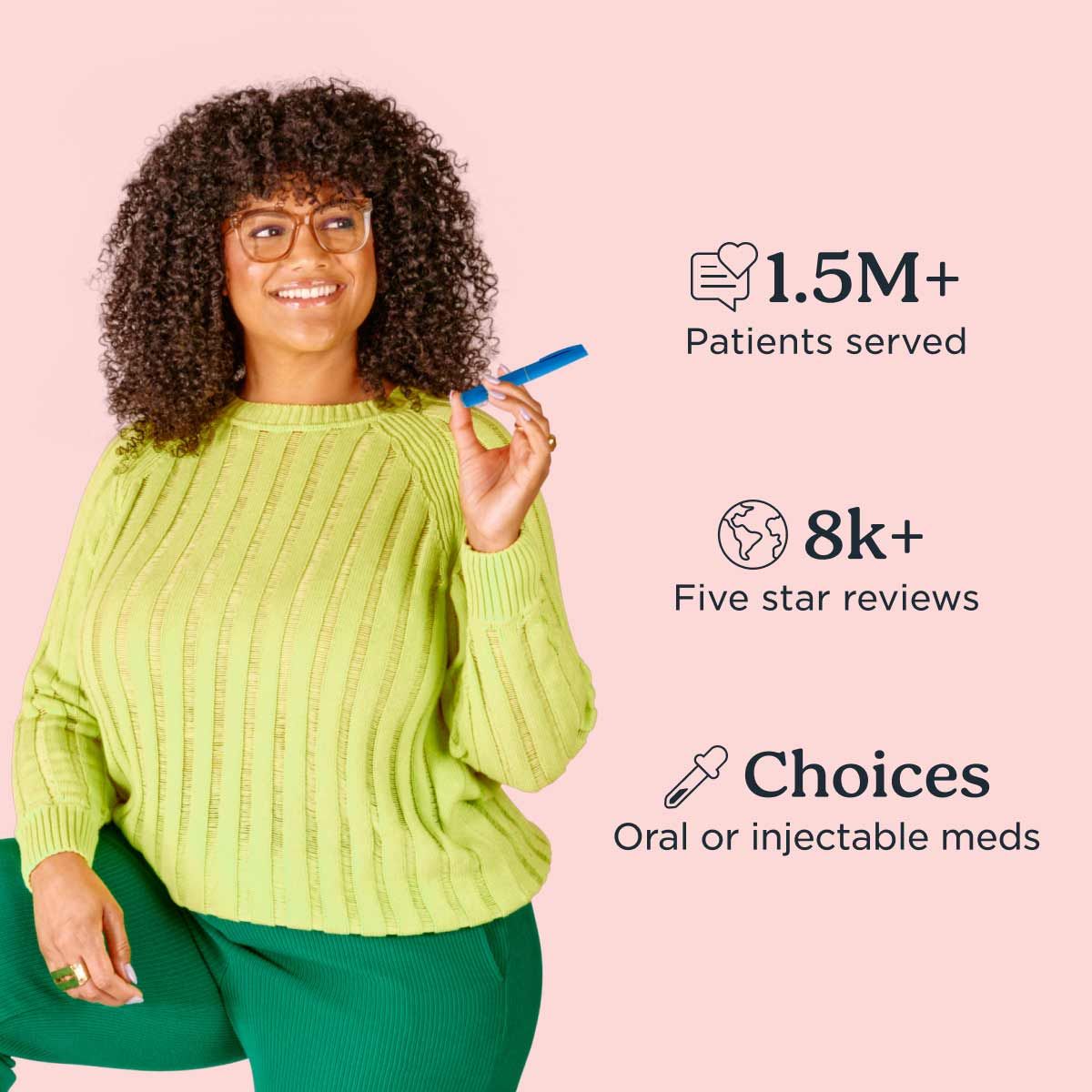 A woman holds an Ozempic injector on a pink background