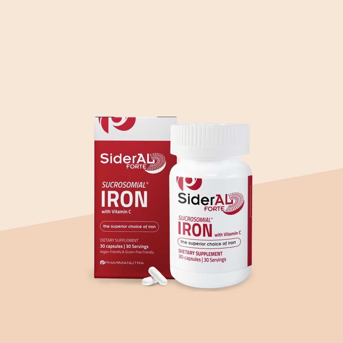 SiderAl Forte Sucosomial Iron bottle, box, and pills on a cream surface
