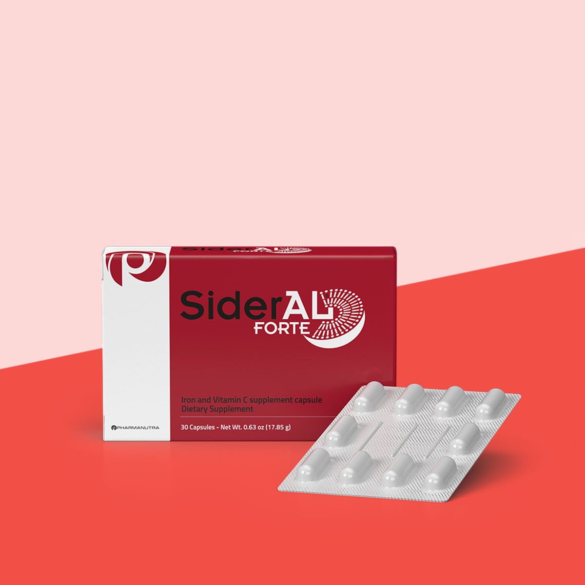 SiderAL Forte sucrosomial iron box and pill packet on a red surface with a pink background