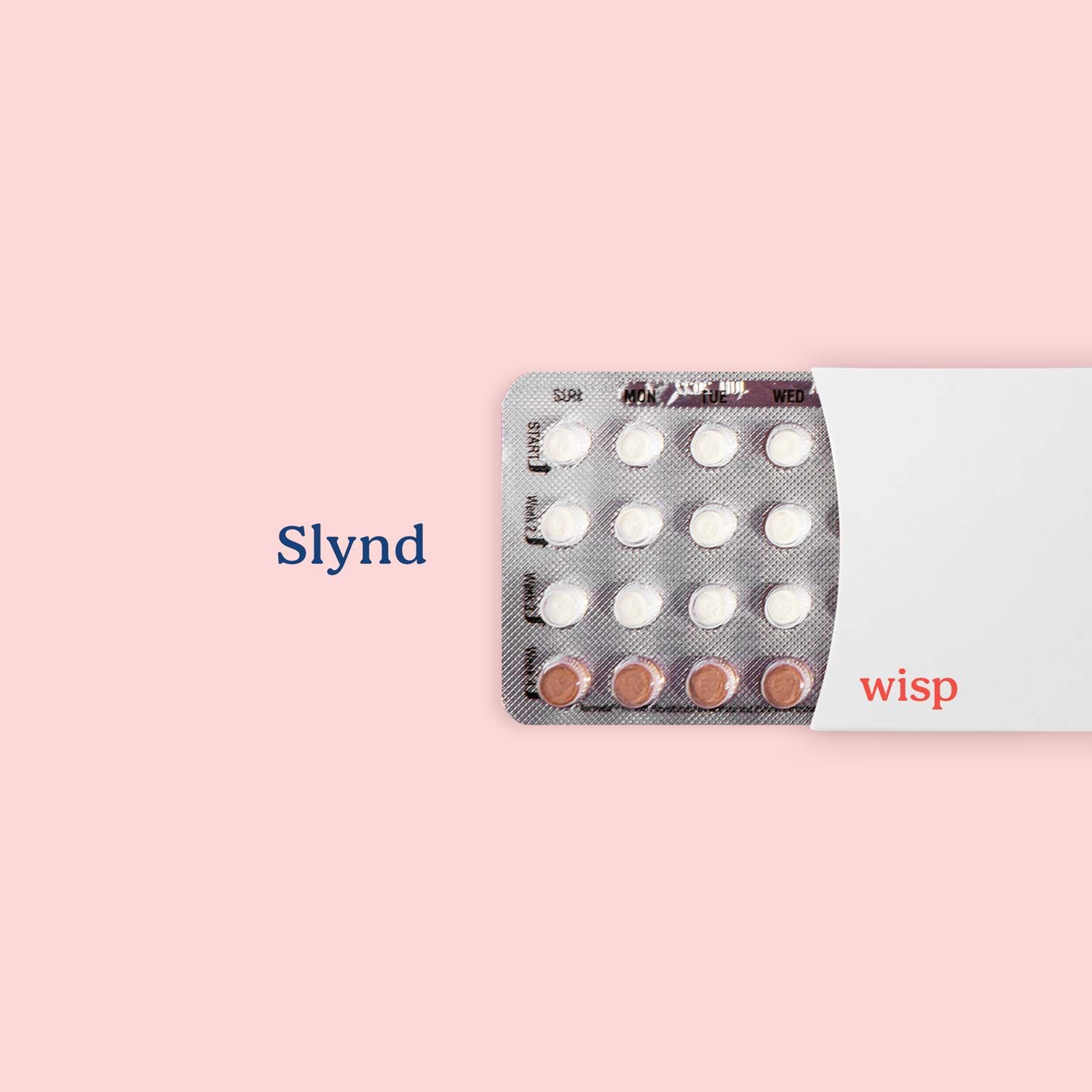 Packet of Slynd birth control pills on a pink background