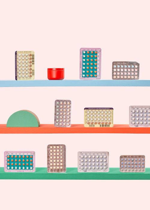 Several packets of birth control with colorful abstract shapes on 3 colorful shelves