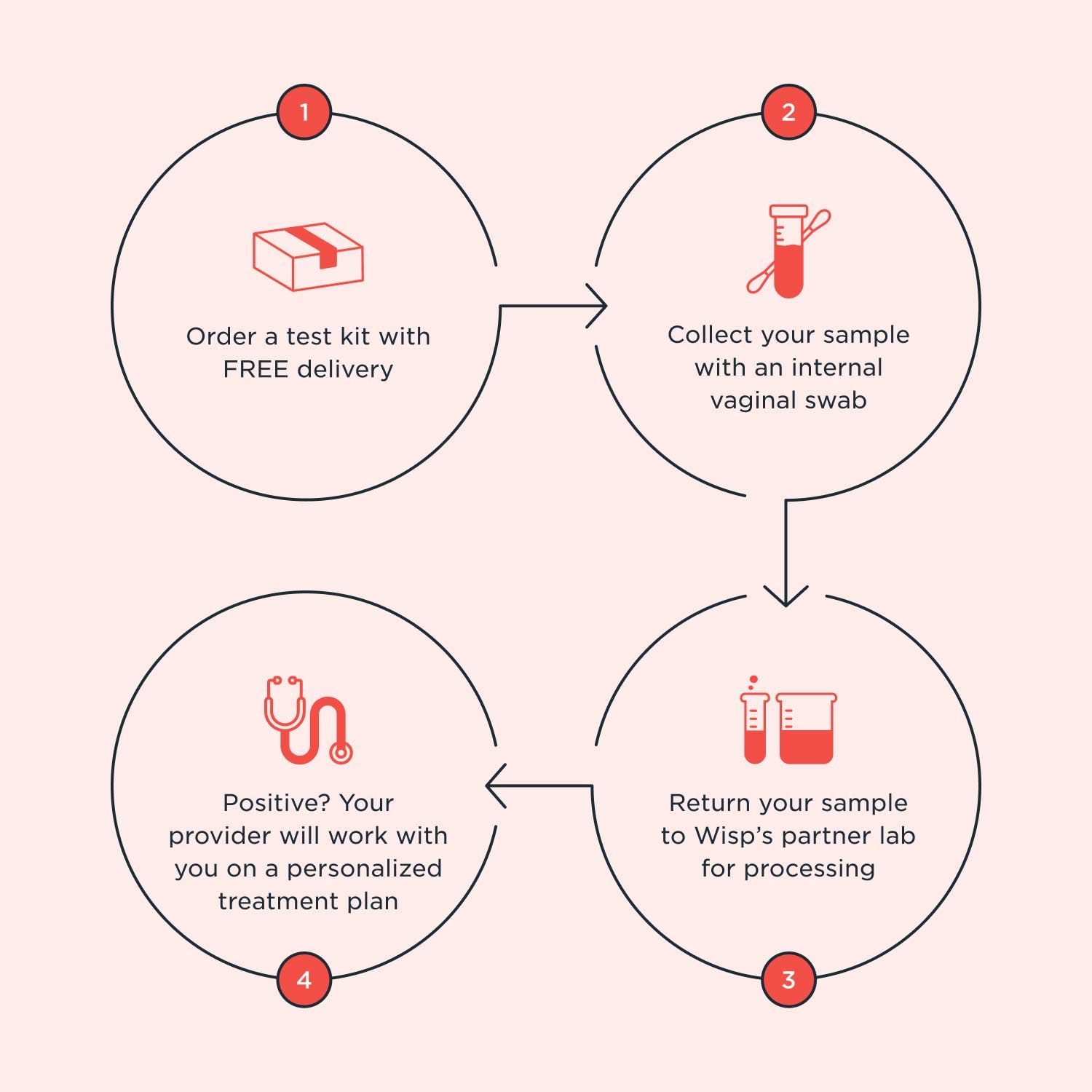 a graphic with illustrations and instructions explaining the steps in order a testing kit and submitting it for analysis