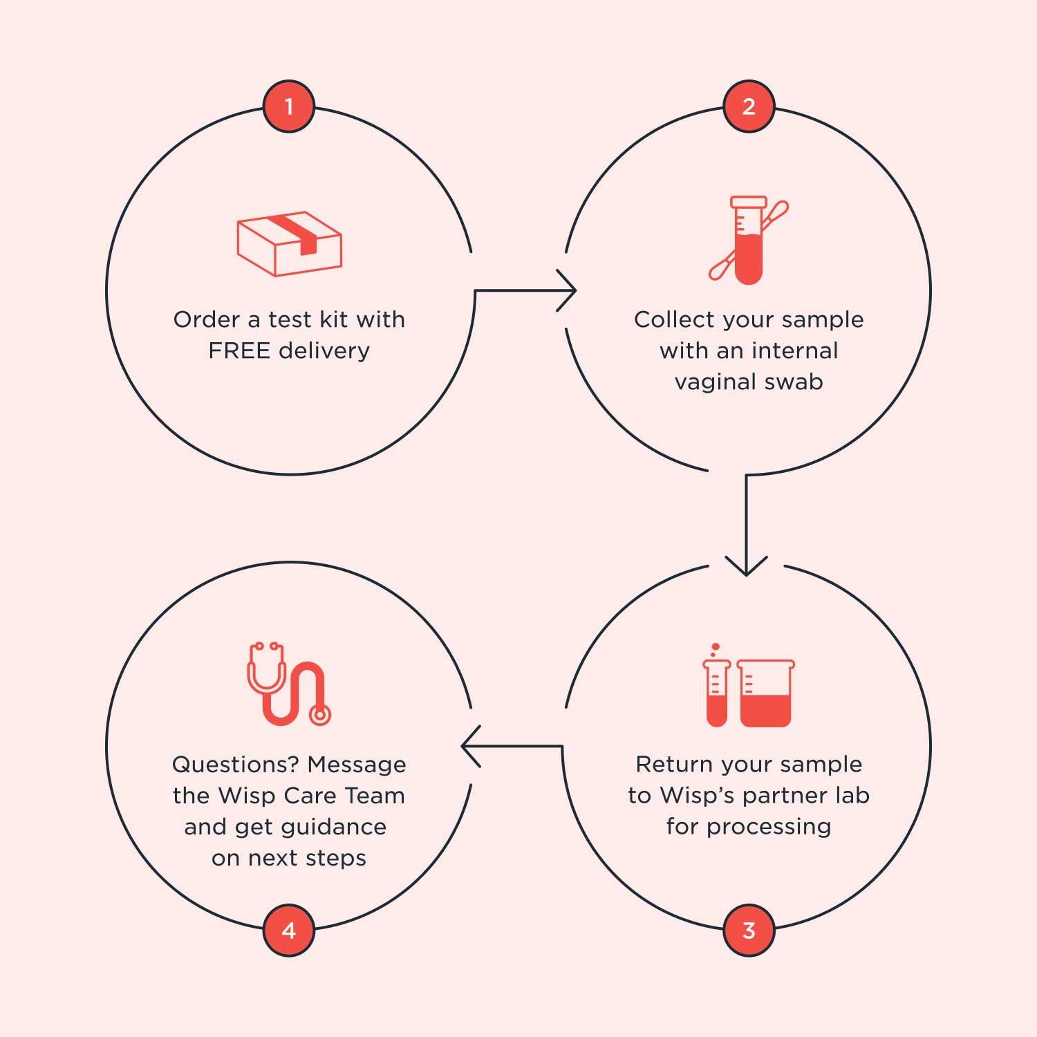 a graphic with illustrations and instructions explaining the steps in order a testing kit and submitting it for analysis