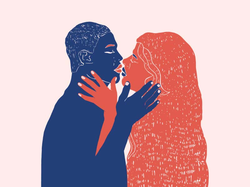 An illustration by Laxmi Hussain of a blue man and red woman with with their hands on each other's faces in an intimate gesture