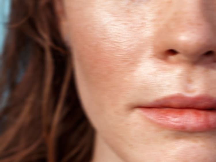 Close-up of the lower half of a woman’s face, with brown hair framing her cheek and soft daylight on her skin.