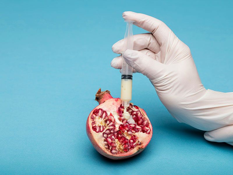 a gloved hand holding a syringe squeezing thick white liquid onto a pomegranate on a blue background