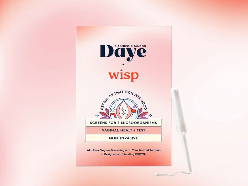 Daye Vaginal Microbiome Screen box and tampon on a red and pink gradient background
