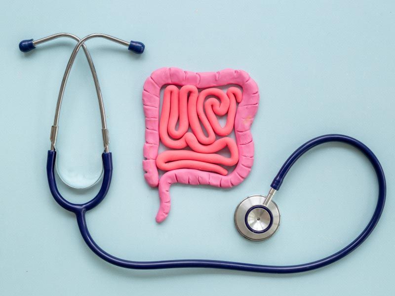 A pink intestine sculpture with a stethoscope on a light blue surface