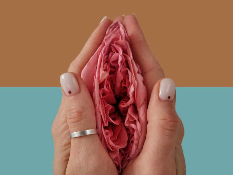 A person's hand holding a flower between it referencing the shape of a vulva on a turquoise background