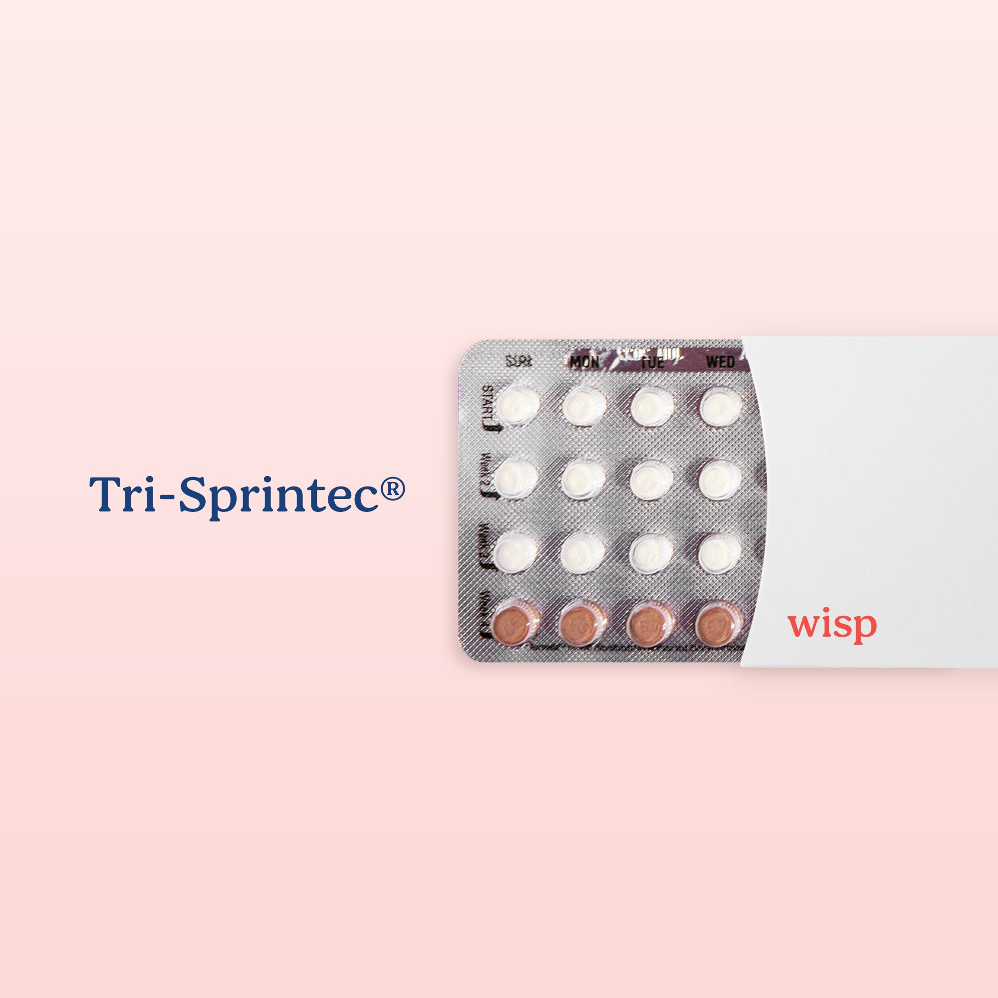 Packet of Tri-Sprintec birth control pills on a pink background