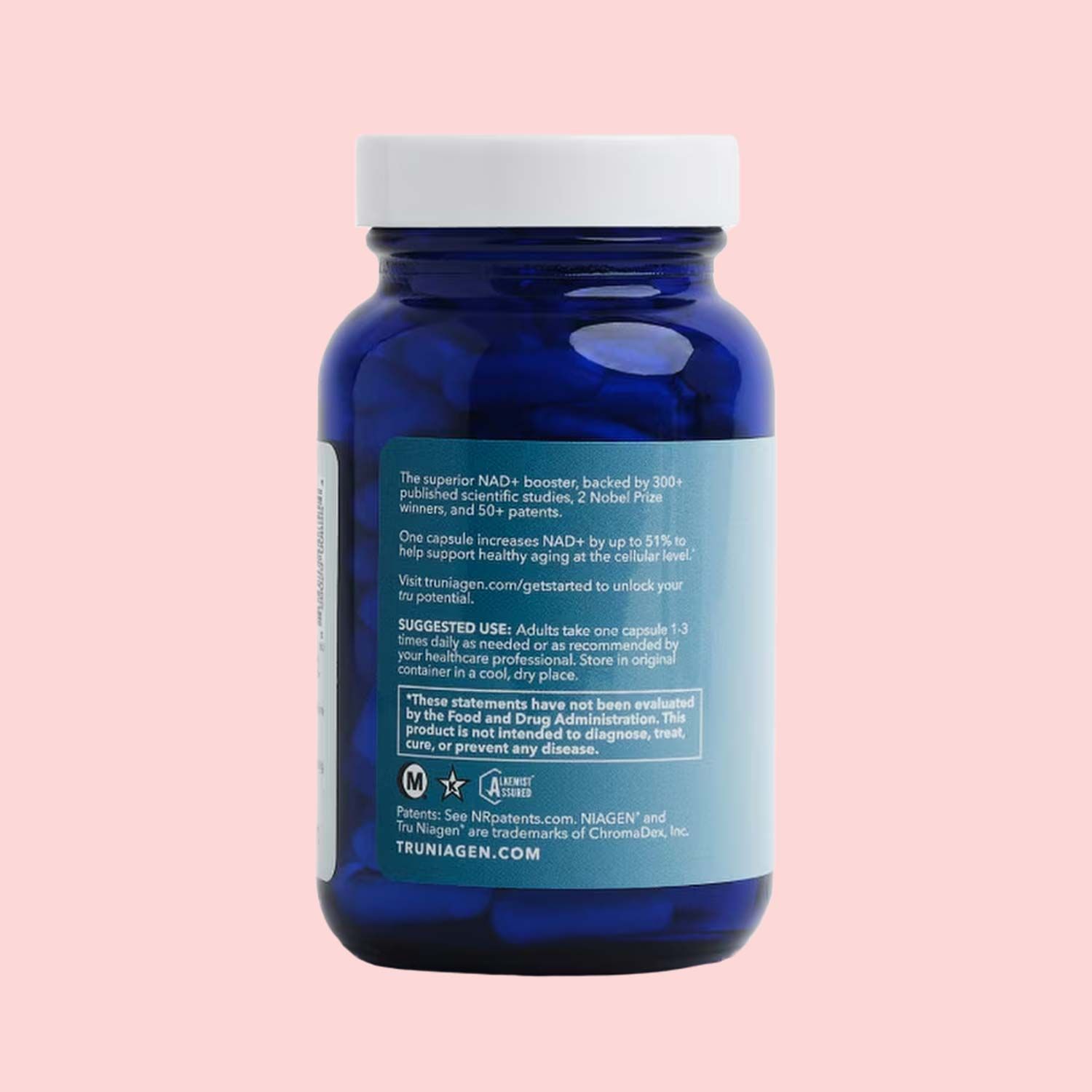 A Tru Niagen bottle showing the instructions and suggested use