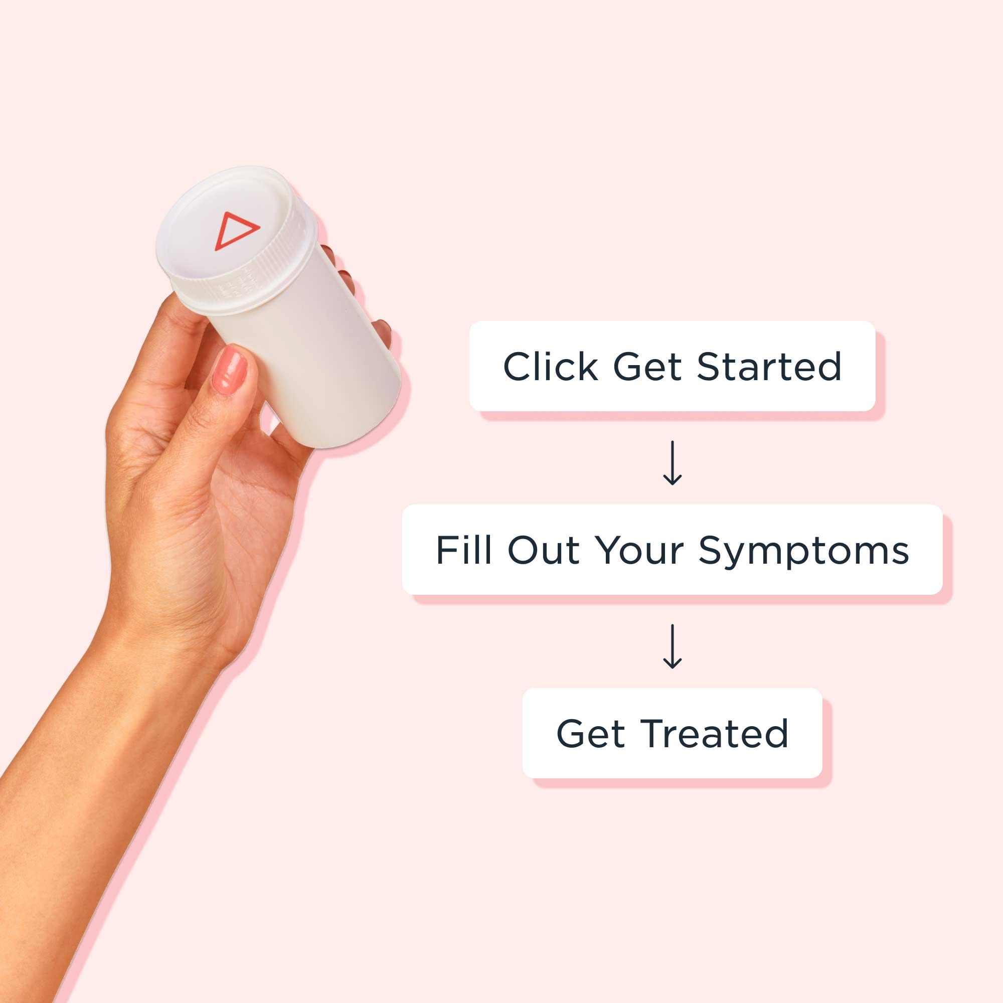 A woman's hand hold a Wisp pill vial with prompts to get started and find a treatment for your symptoms