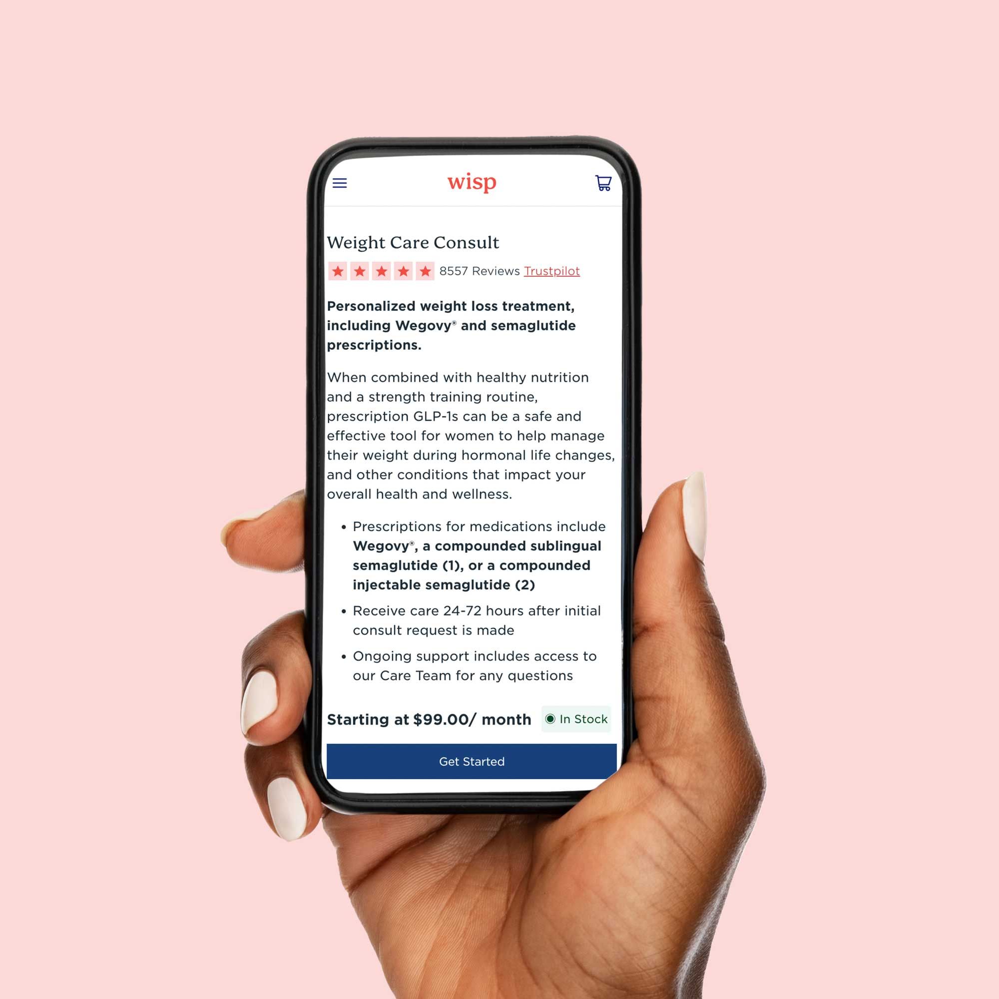 A woman's hand holding a mobile phone showing information about Wisp's weight care treatment options in front of a pink background