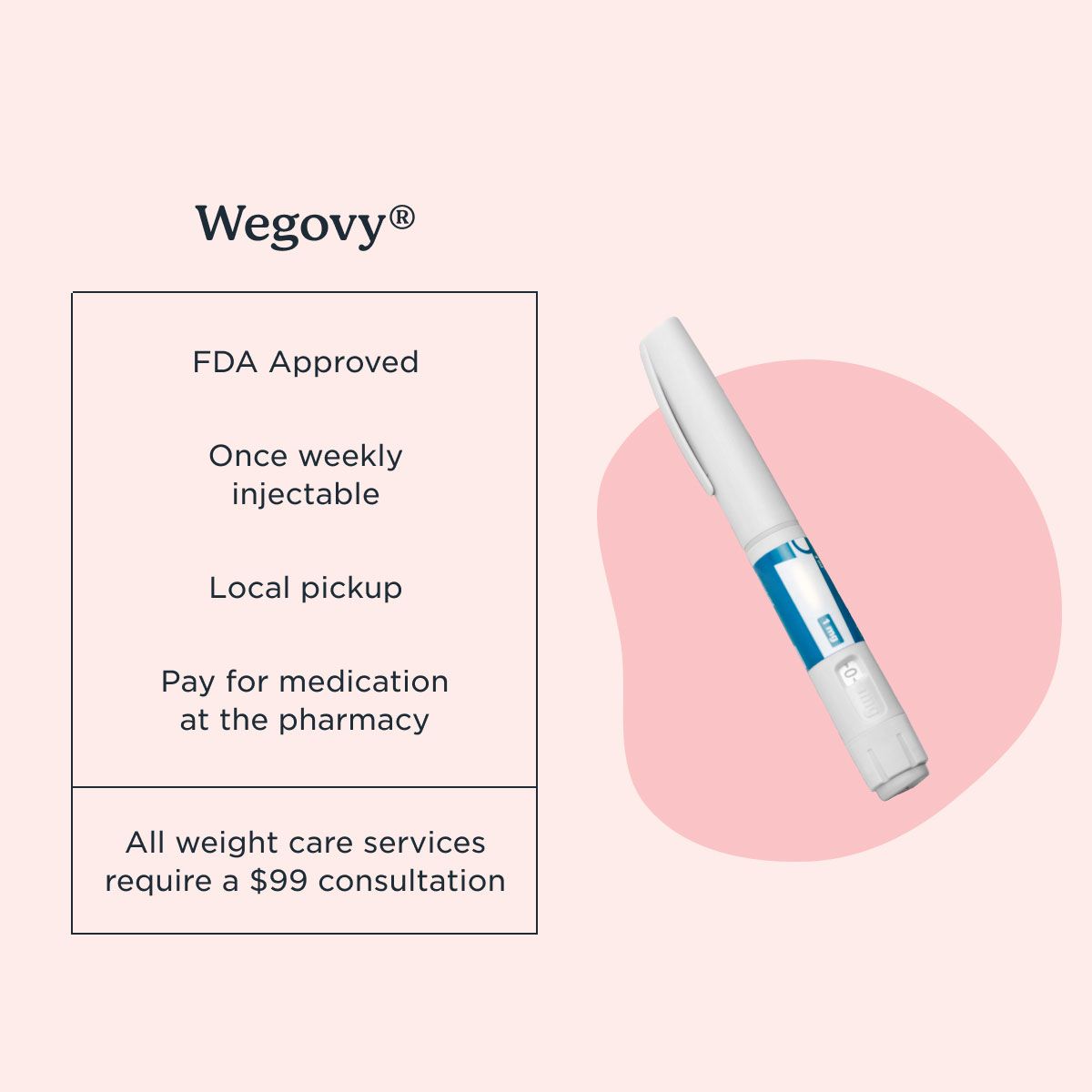 A chart explaining the benefits and uses of Wegovy and an image of the Wegovy injection pen