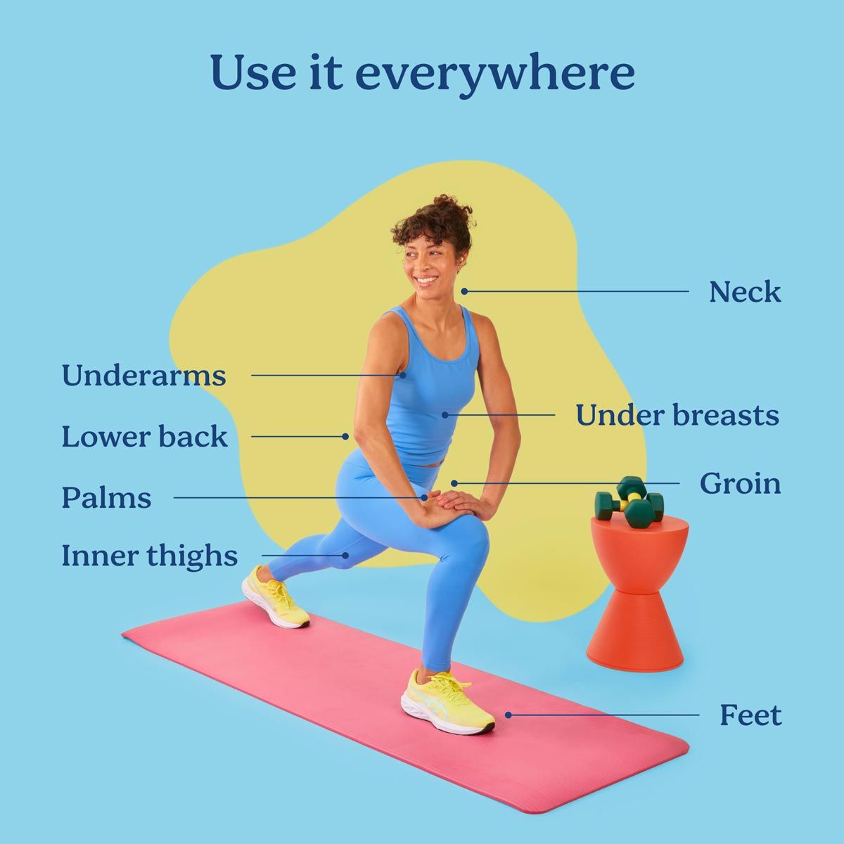 A woman wearing a blue workout outfit is doing a lunge on a pink mat with a diagram of where Wisp's Whole Body Deodorant can be used