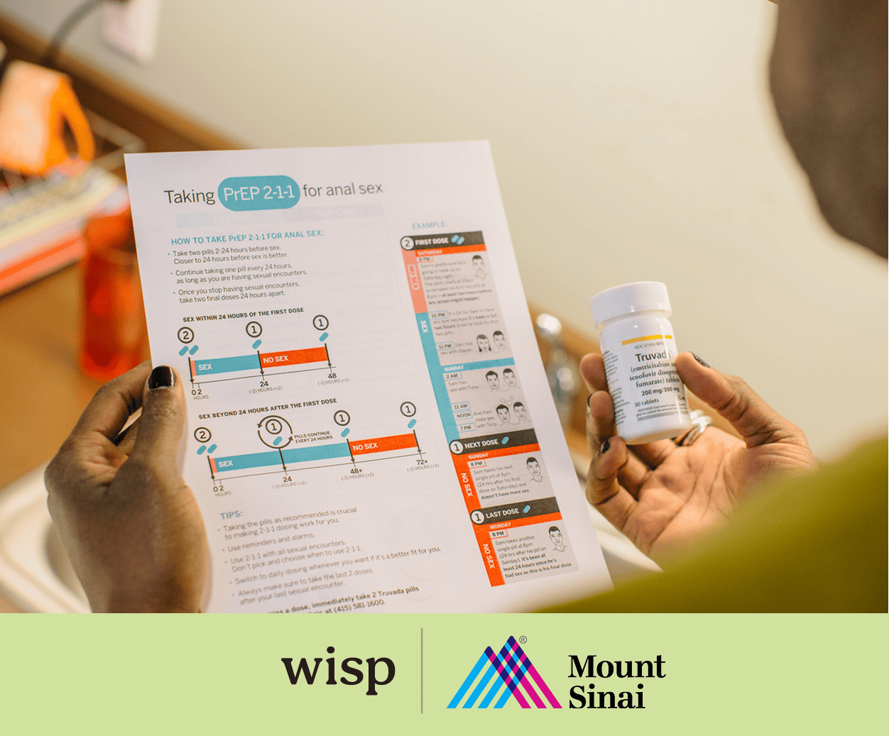 a person reviews a treatment guide in their left hand with the pill bottle in their right