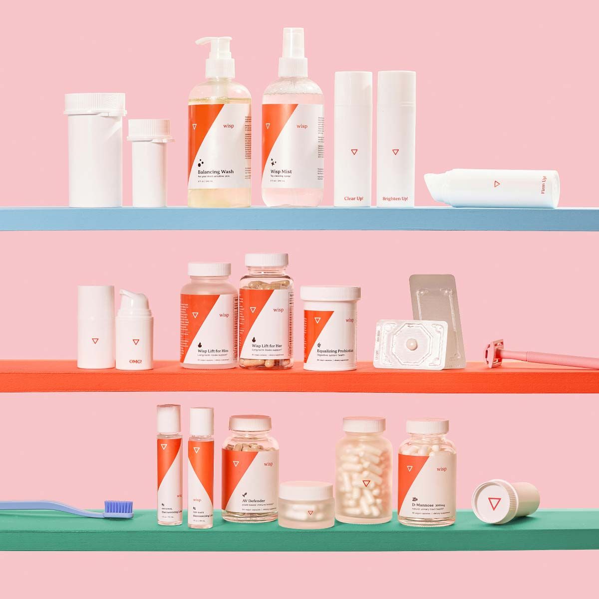 A variety of Wisp products on colorful shelves with a pink background