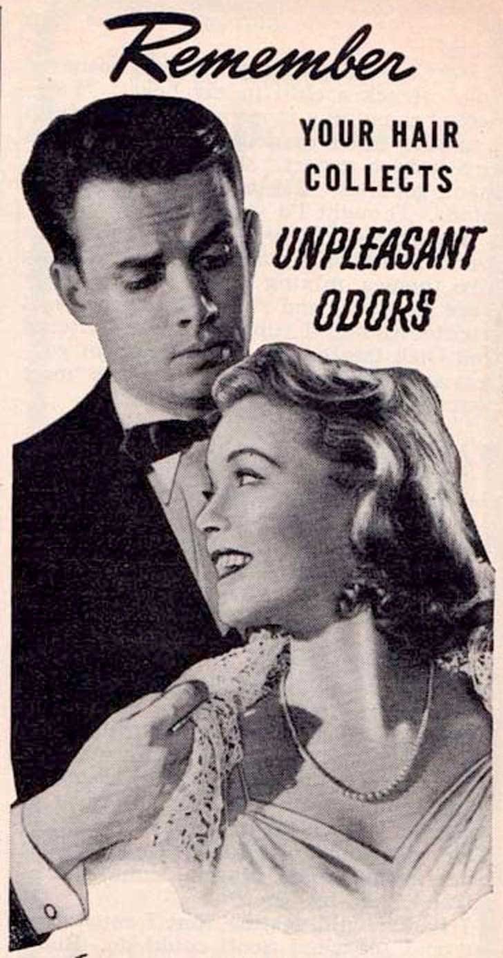 A vintage ad stating that women's hair collects unpleasant odors