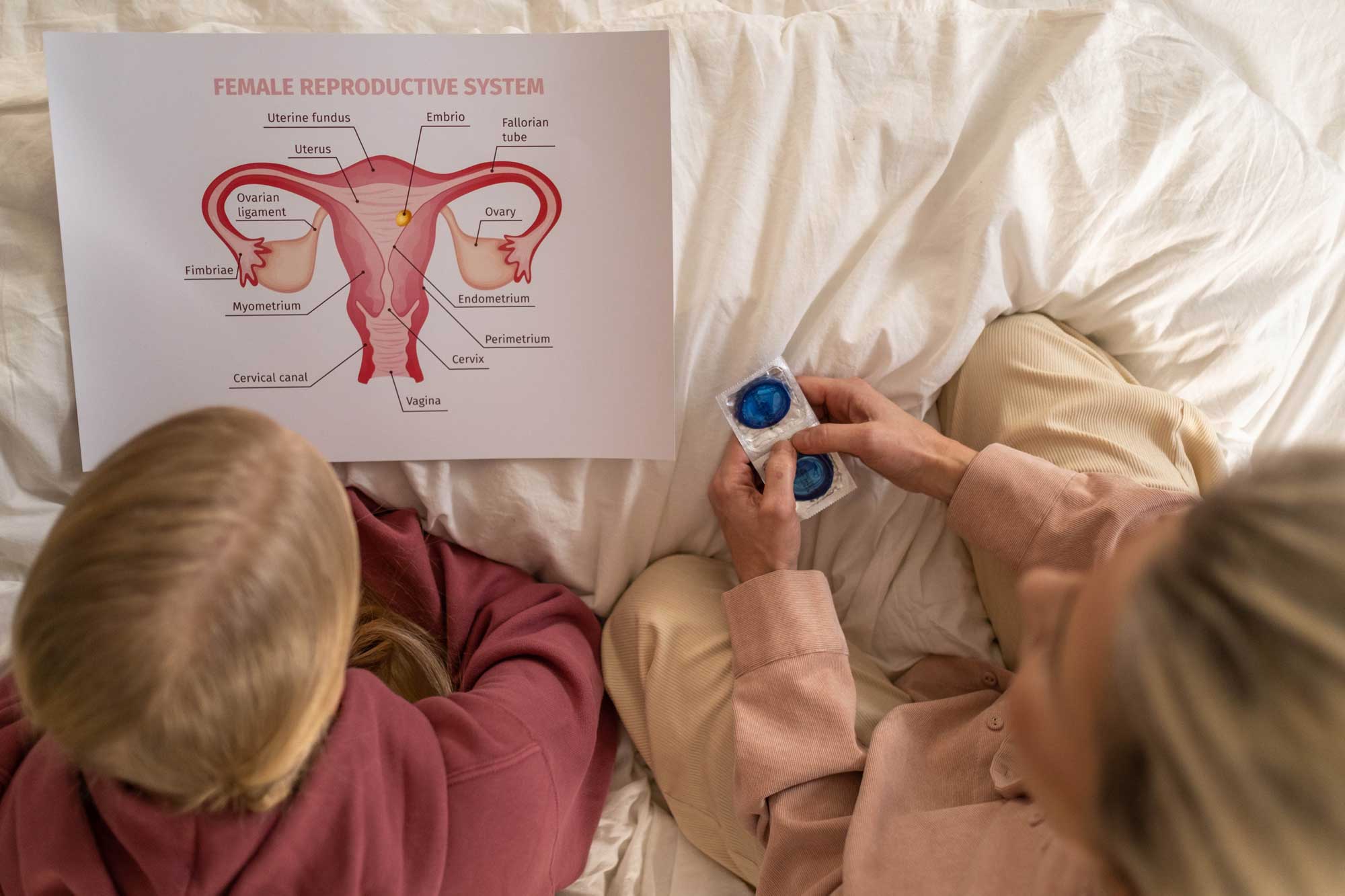 A mother and child sitting in bed looking at a chart of female reproductive anatomy