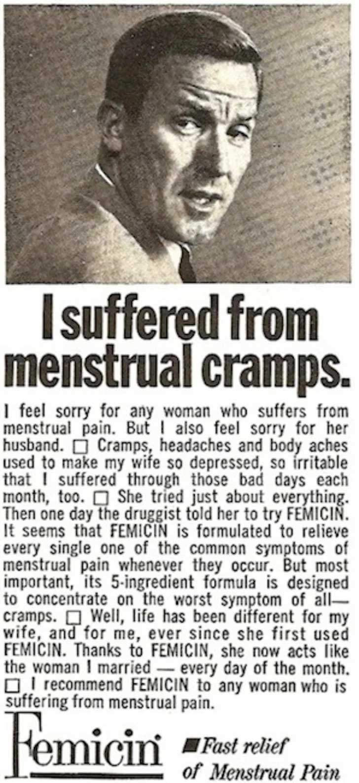 A vintage ad of a man promoting FEMICIN which is a medicine for menstrual symptoms