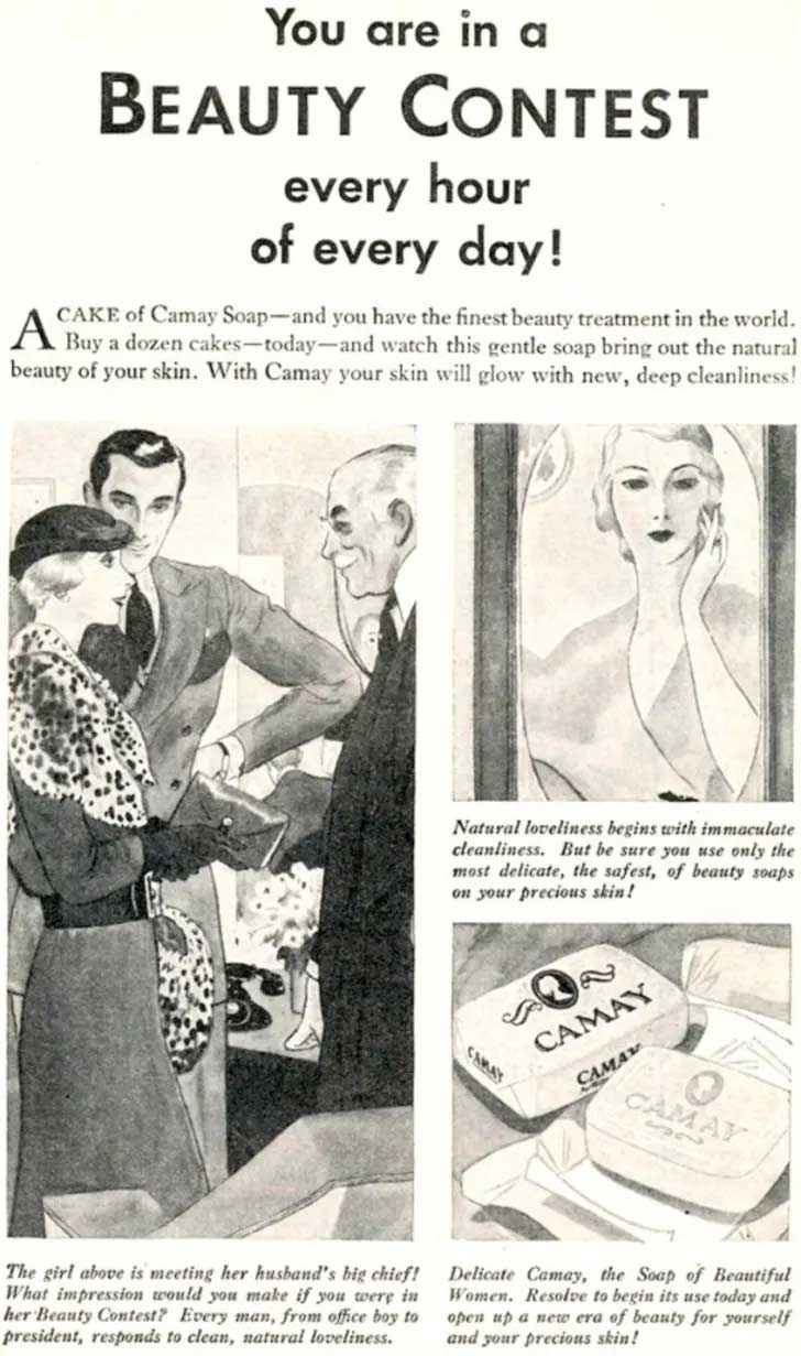 A vintage ad promoting the idea that everyday is a beauty contents for women