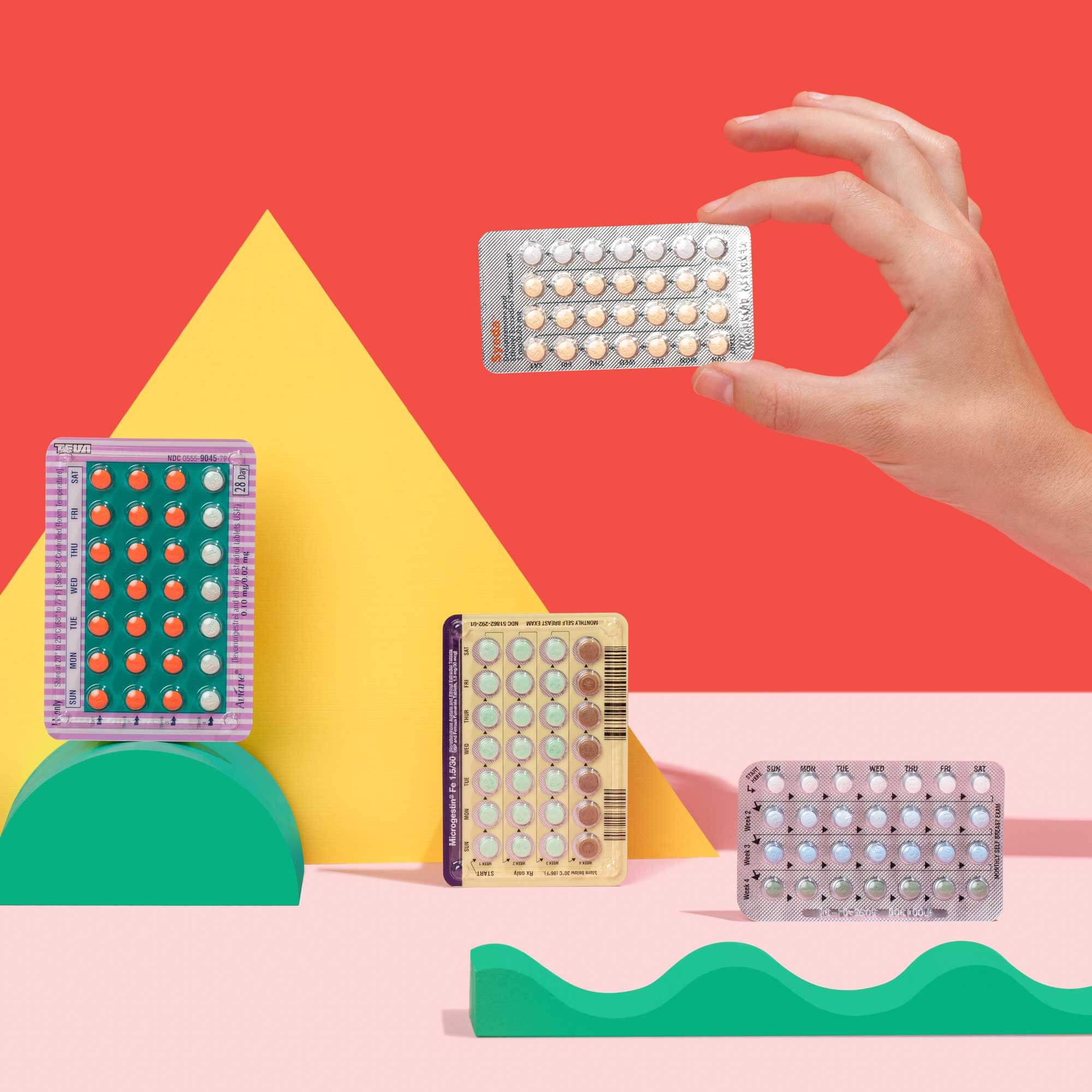 Person holding birth control packets with colorful background and geometric shapes